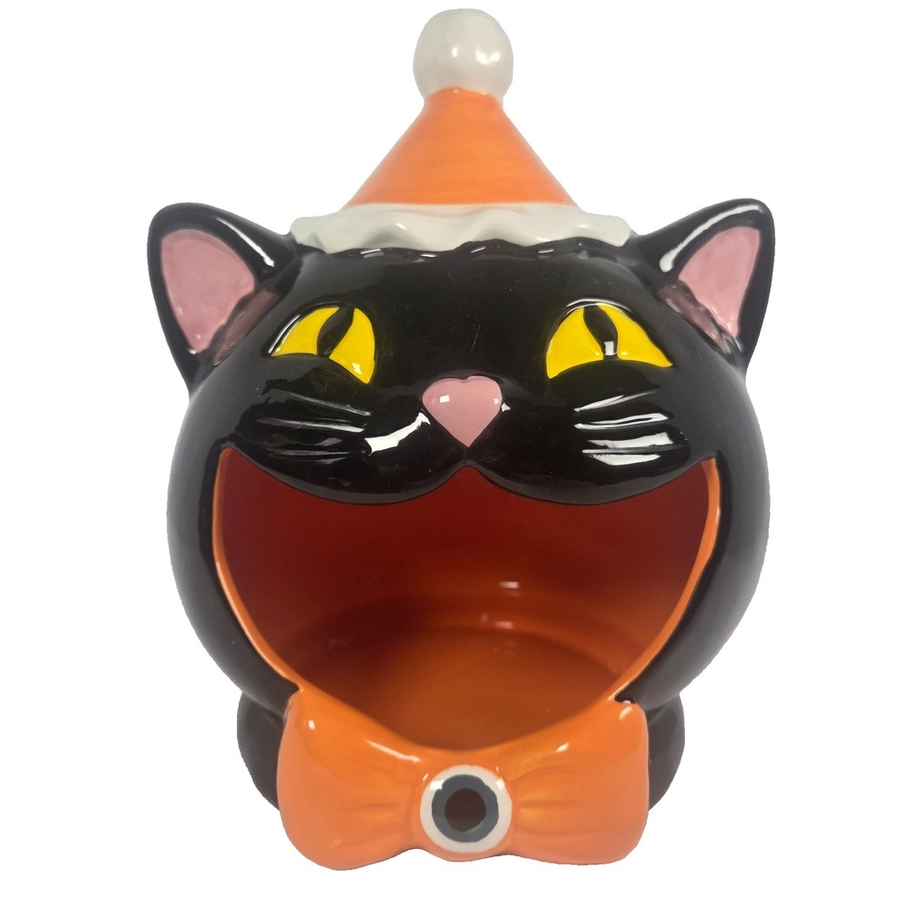Jack O Lantern Lane Black Cat Candy Bowl 10 Inch Ceramic Halloween Party Hat